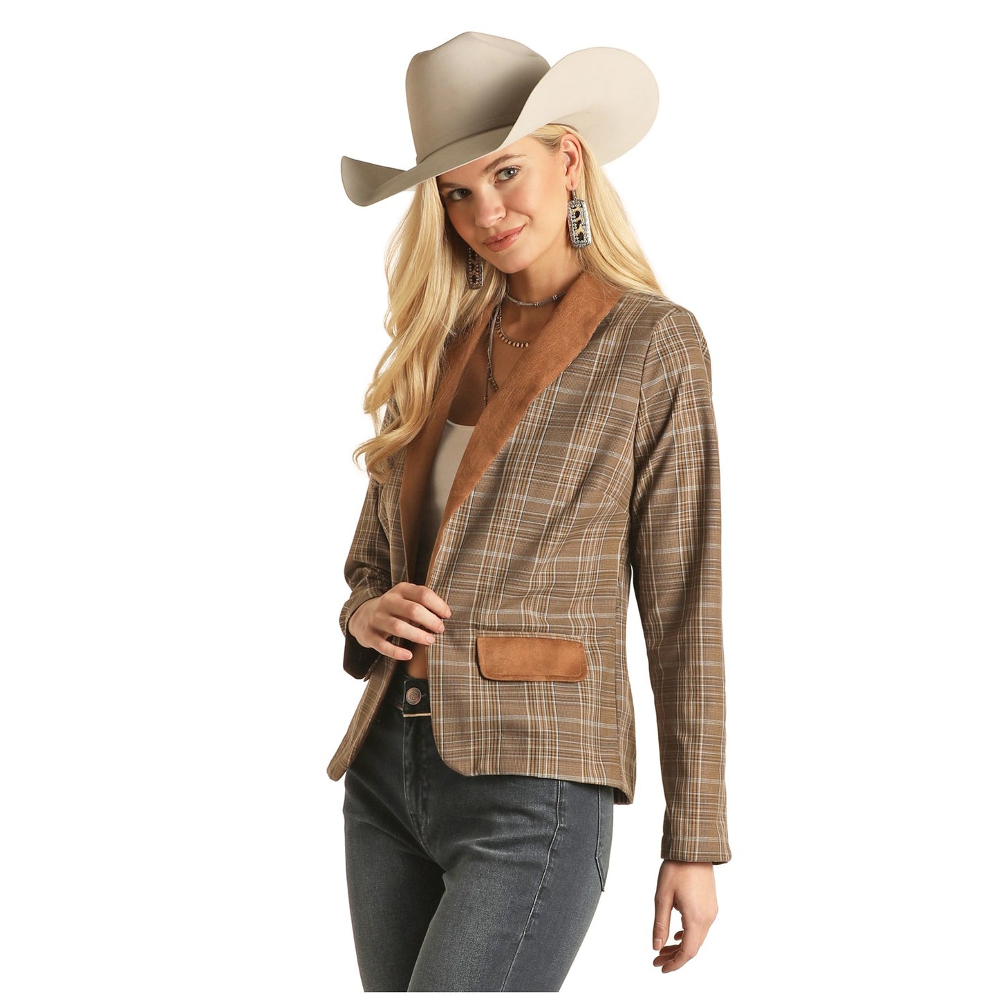 Rock & Roll Cowgirl® Ladies Light Brown Plaid Blazer 52-2339