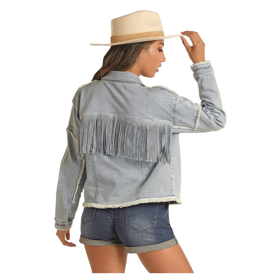 Rock & Roll Cowgirl Girl's Denim Studded Fringe Light Wash Jacket 52-3706