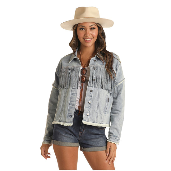 Rock & Roll Cowgirl Girl's Denim Studded Fringe Light Wash Jacket 52-3706