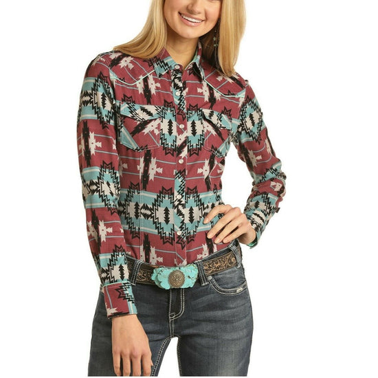 Rock & Roll Cowgirl Ladies Dale Brisby Aztec Poplin Snap Shirt B4S2323
