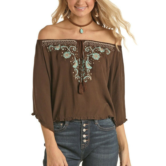 Rock & Roll Cowgirl Ladies Chocolate Off The Shoulder Shirt B4C5137