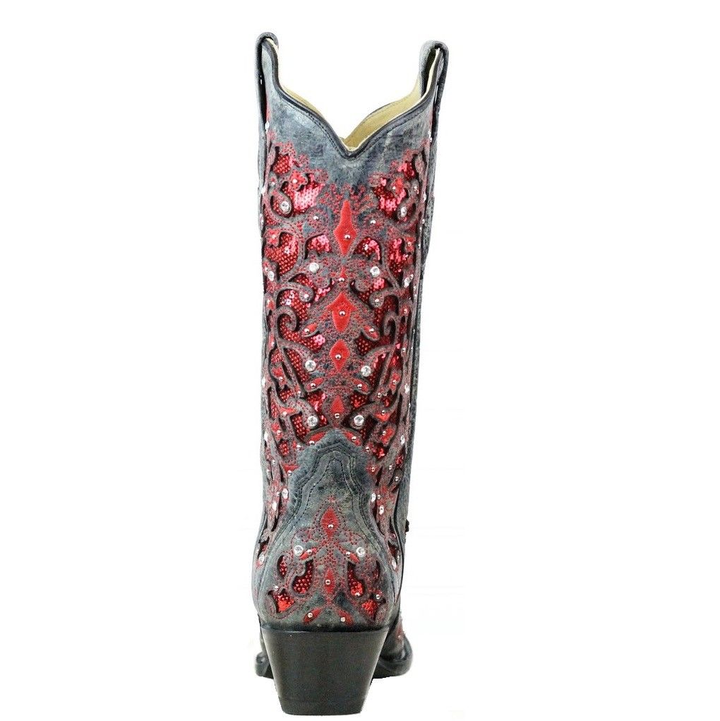 Corral Ladies Black-Red Glitter Inlay & Crystal Boots A3534 - Wild West Boot Store