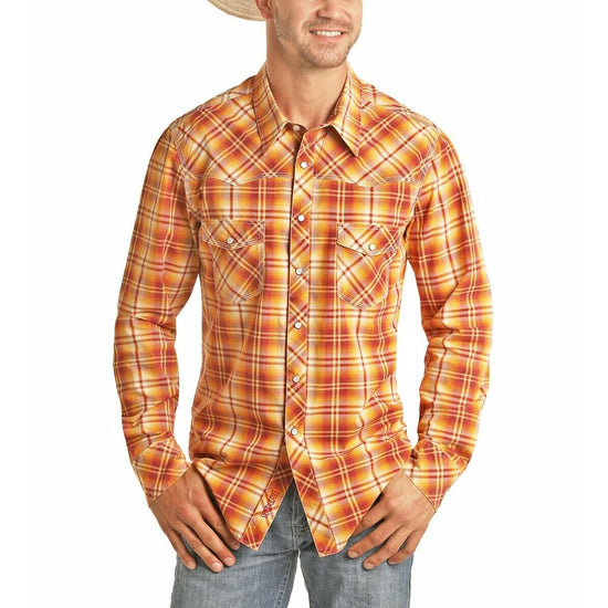 Rock & Roll Cowboy Men's Wine/Orange Ombre Yarndye Plaid Shirt B2S5094