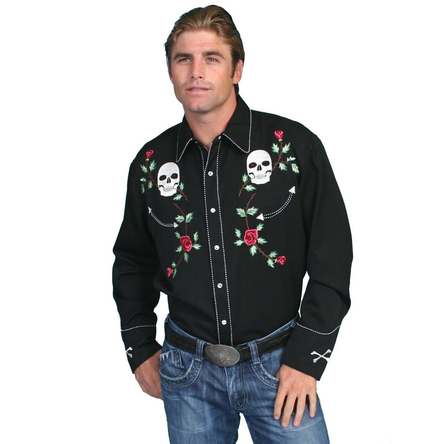 Scully Men's Black Skull Rose Embroidery Shirts P-771-BLK