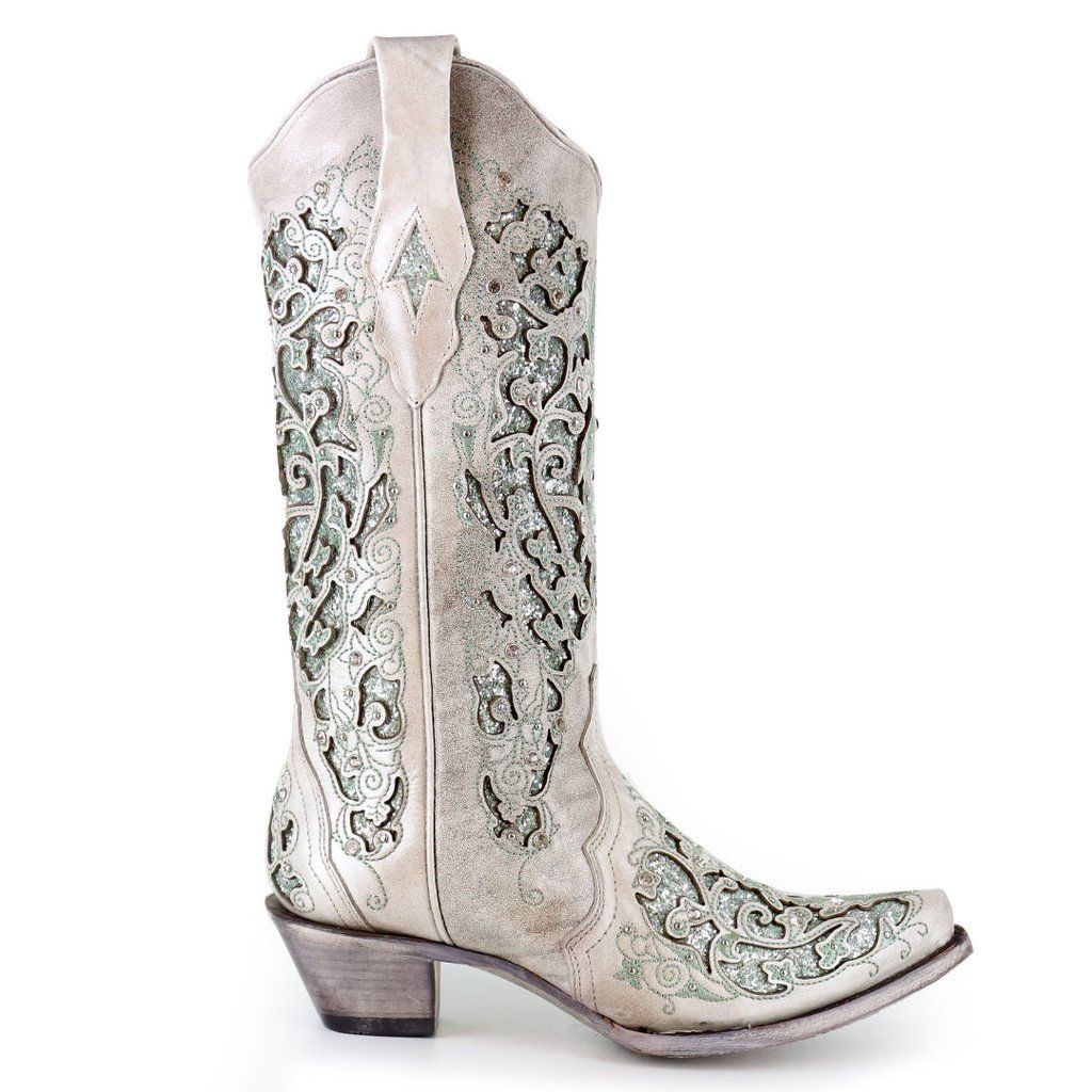 Corral Ladies White/Green Glitter Inlay/Crystals Wedding Boot A3321 - Wild West Boot Store