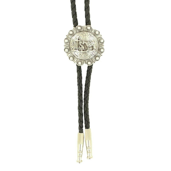Double S Silver Engraved Praying Cross Round Bolo Tie 22844
