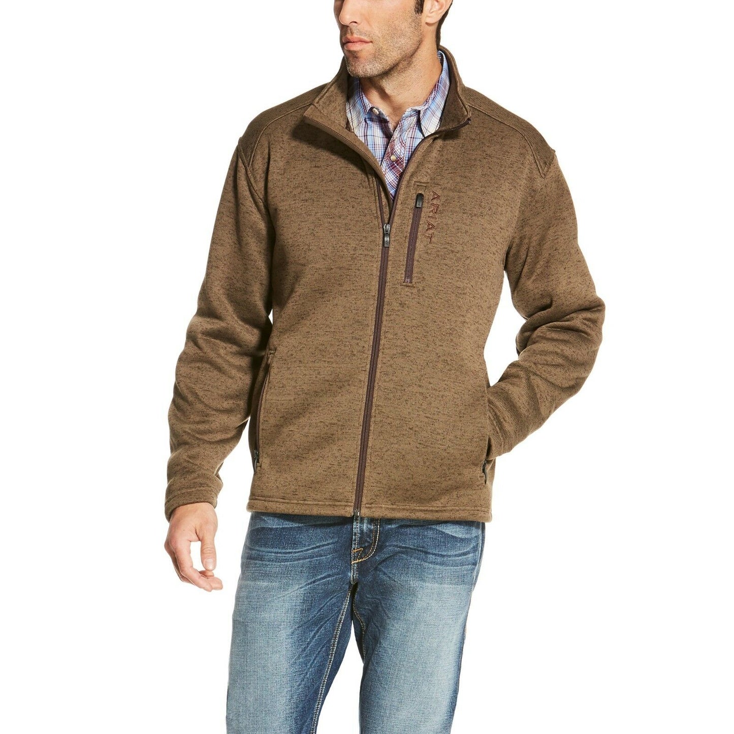 Ariat® Men's Caldwell Full Zip Fossil Brown Sweater Jacket 10020643