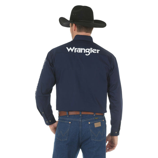 Wrangler Men's Logo Long Sleeve Button Down Solid Navy Shirt MP2327N