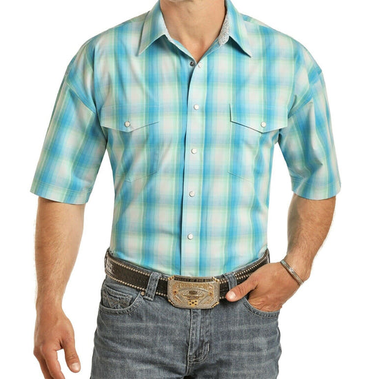Panhandle Men's Blue Short Sleeve Poplin Plaid Shirt 37D4752