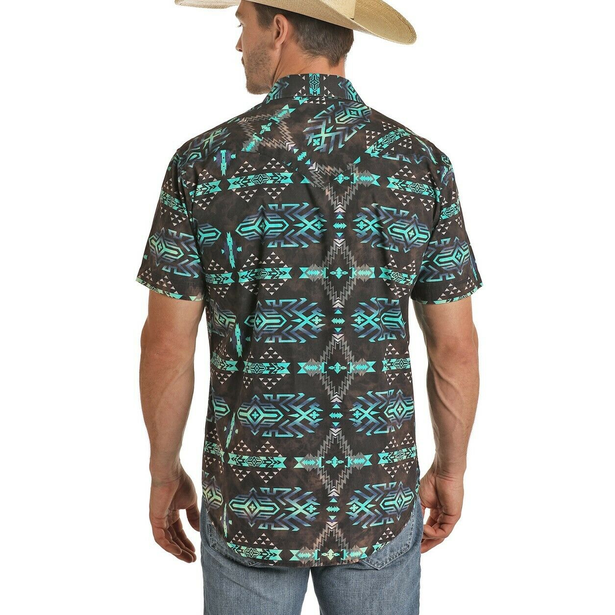 Rock & Roll Cowboy Men's Black Bleach Washed Aztec Print Shirt B1S5090
