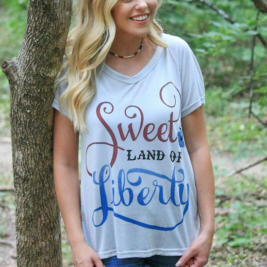 Southern Grace Ladies Sweet Land of Liberty Grey V-Neck Tee 3383C