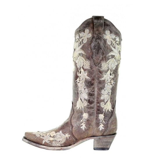 Corral Ladies Tobacco Studs & Floral Embroidery & Crystals Boots A3572 - Wild West Boot Store