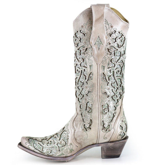 Corral Ladies White/Green Glitter Inlay/Crystals Wedding Boot A3321 - Wild West Boot Store