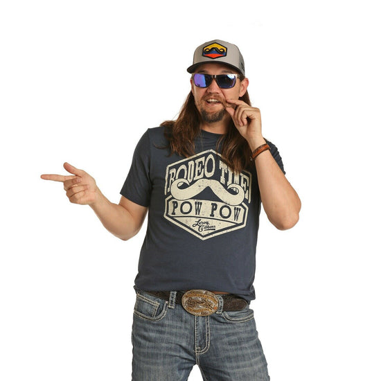 Load image into Gallery viewer, Panhandle Men&amp;#39;s Navy Short Sleeve Rodeo Time Pow Pow T-Shirt P9-3019

