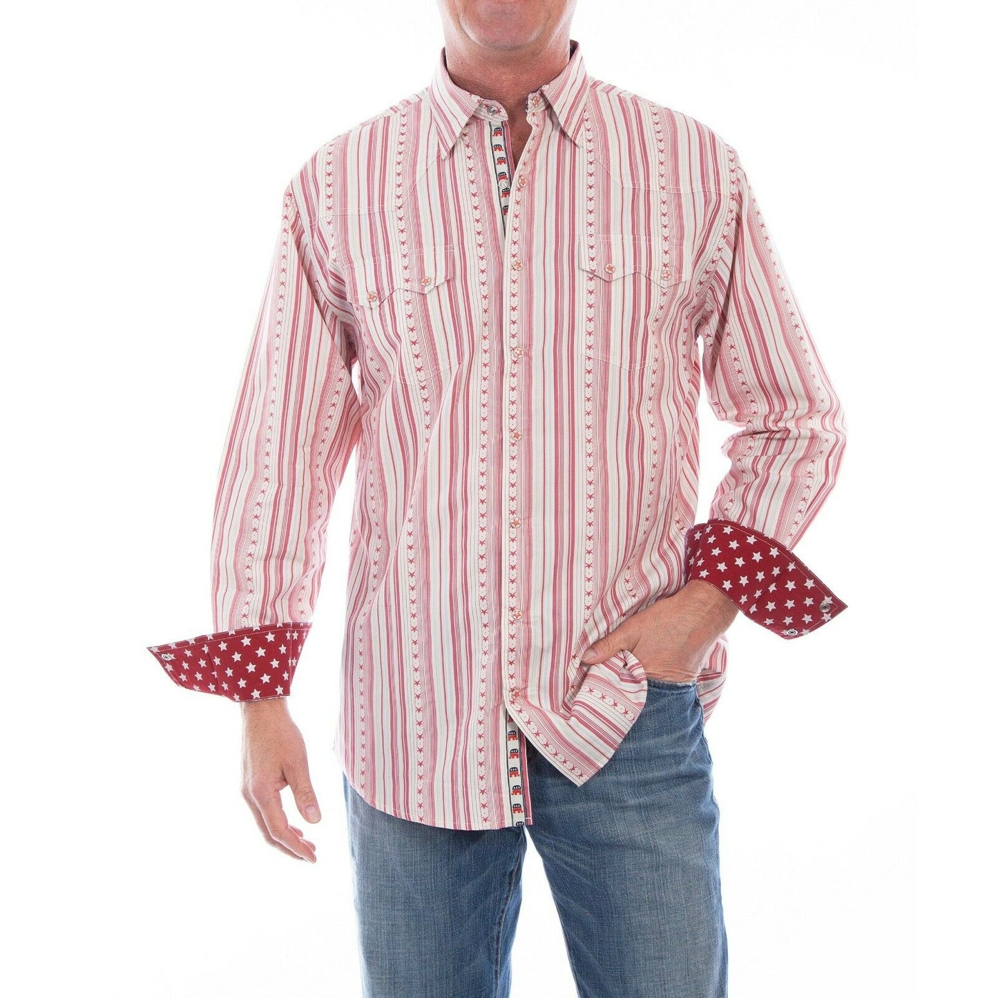 Load image into Gallery viewer, Scully Men&amp;#39;s Red Star &amp;amp; Stripes Snap Shirts PS-253RED
