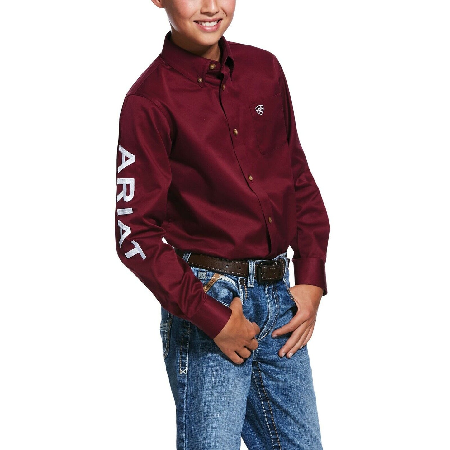 Ariat® Boy's Team Logo Burgundy Long Sleeve Button-Up Shirt 10030163
