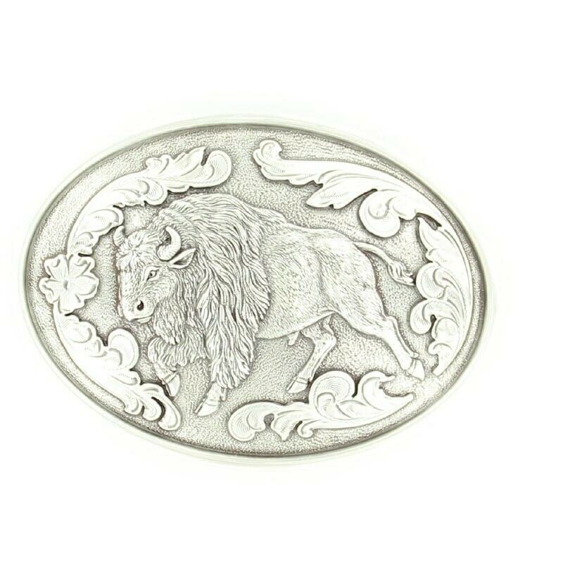 Nocona Mens Antique Silver Buffalo With Floral  Belt Buckle 37046