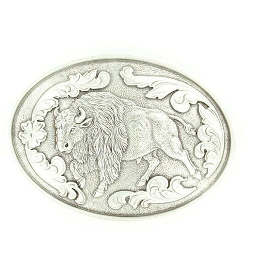 Nocona Mens Antique Silver Buffalo With Floral  Belt Buckle 37046