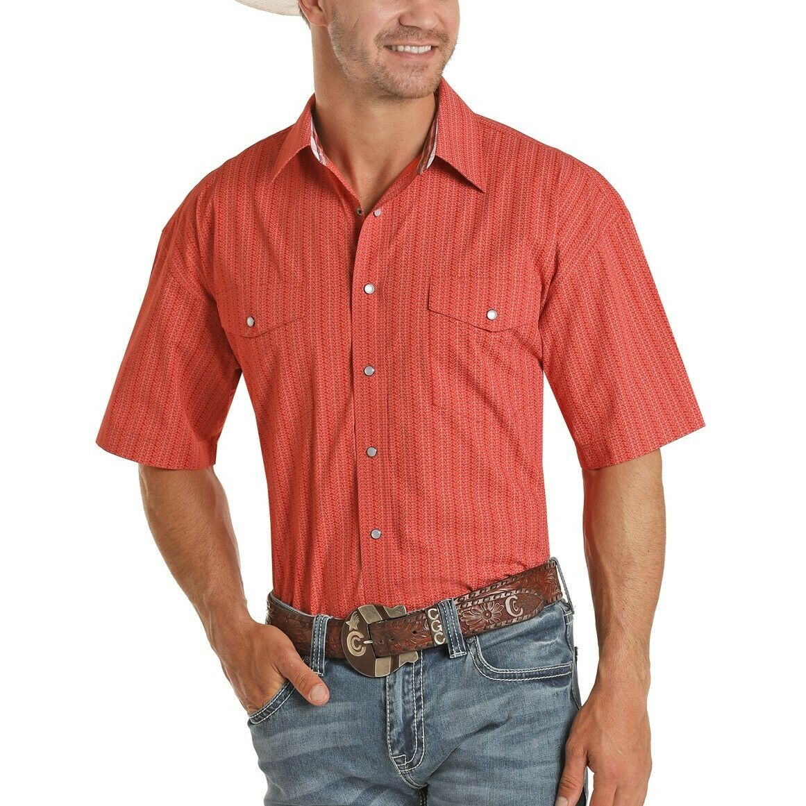 Panhandle Select Men's Orange Poplin Print Snap Shirt 37S5014