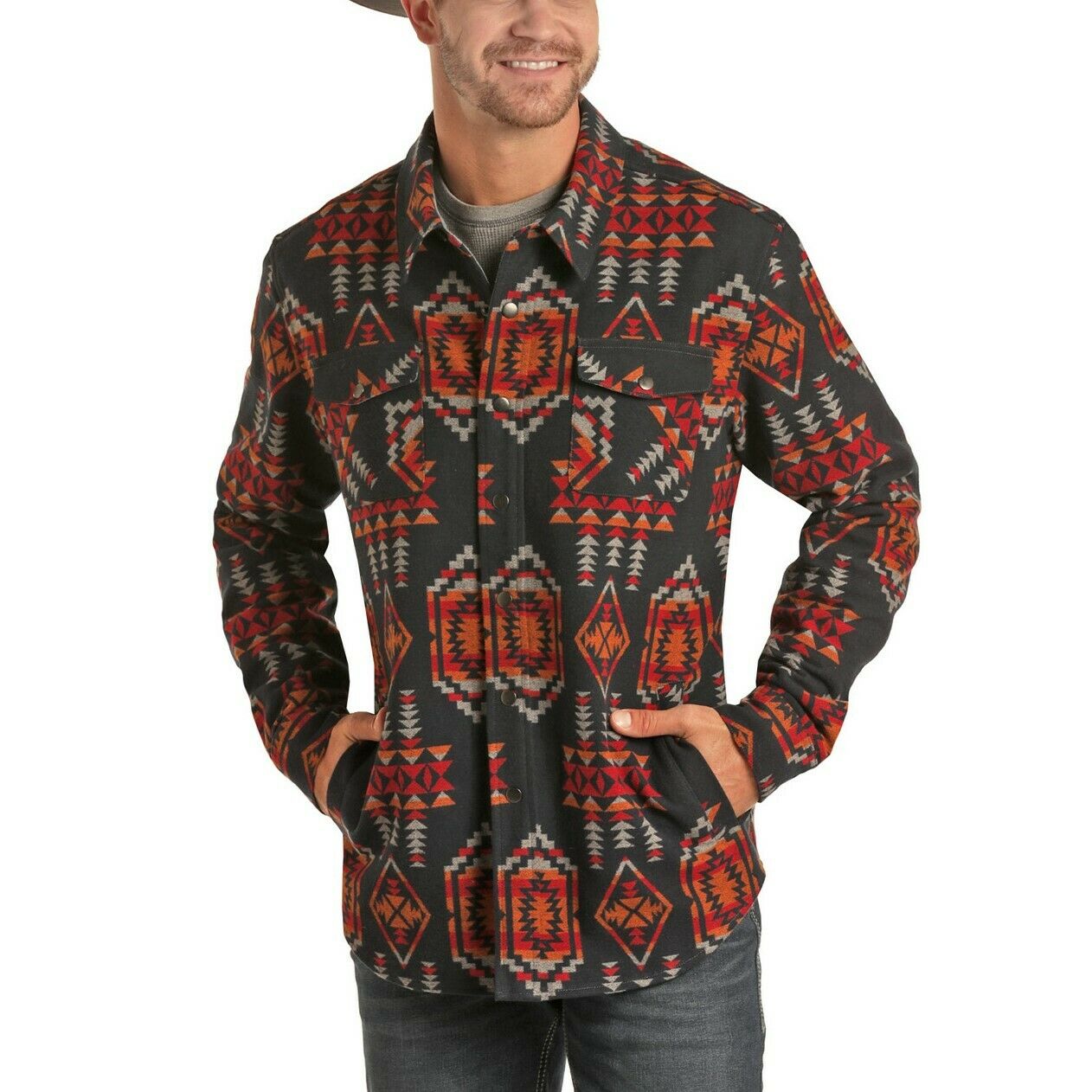 Rock & Roll Cowboy Men's Long Sleeves Navy Aztec Snap Jacket 92-6728