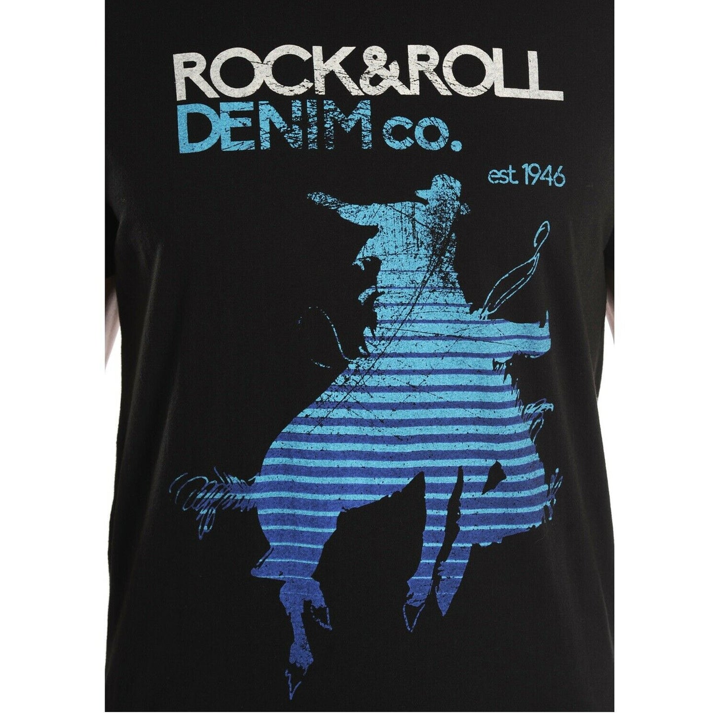 Load image into Gallery viewer, Rock &amp;amp; Roll Cowboy Men&amp;#39;s Blue Fade Rodeo Graphic Black Shirt P9-7001
