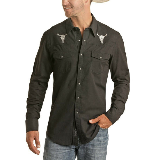 Rock & Roll Cowboy Men's Steerhead Embroidery Black Snap Shirt B2S4055