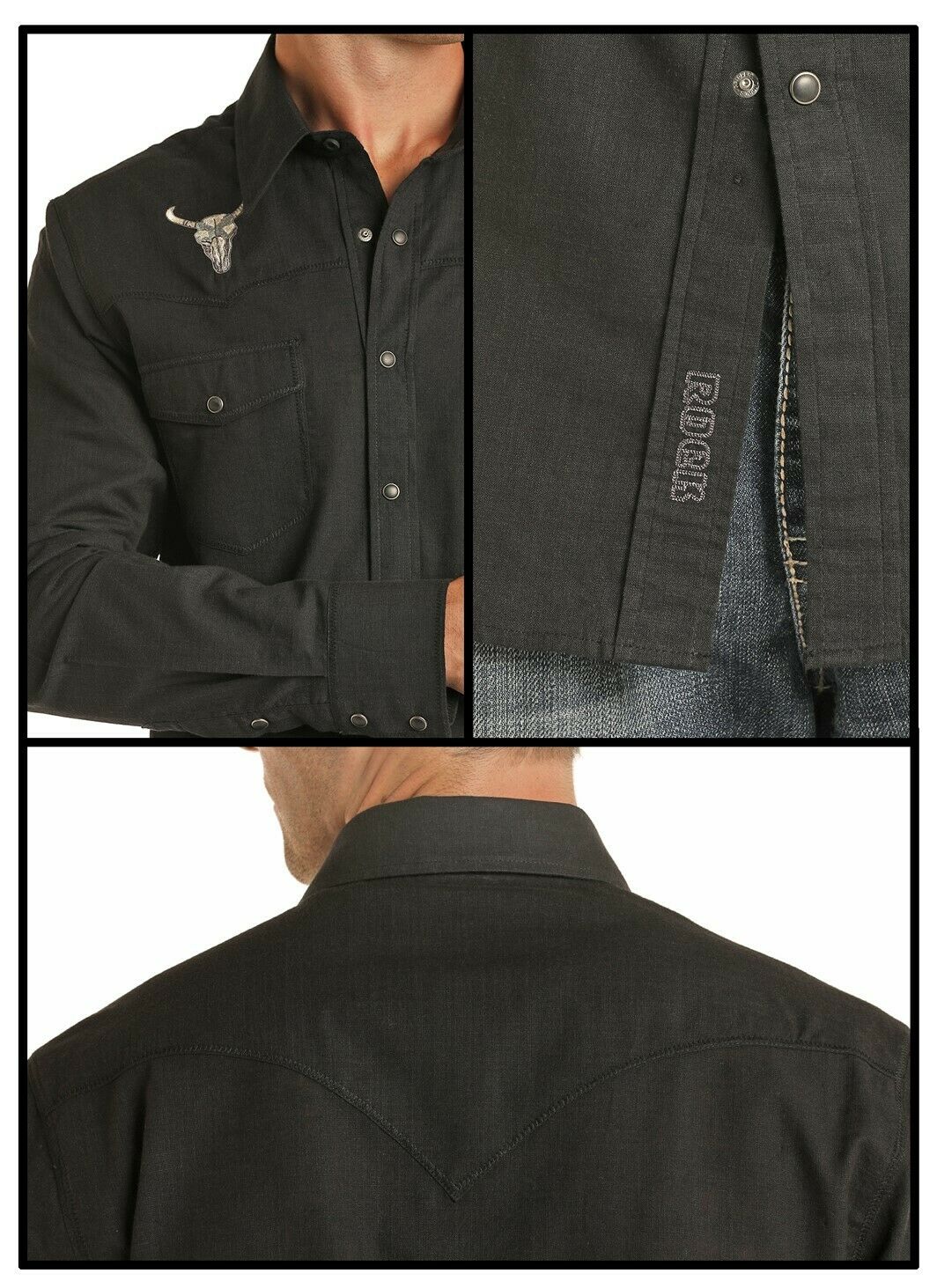Rock & Roll Cowboy Men's Steerhead Embroidery Black Snap Shirt B2S4055