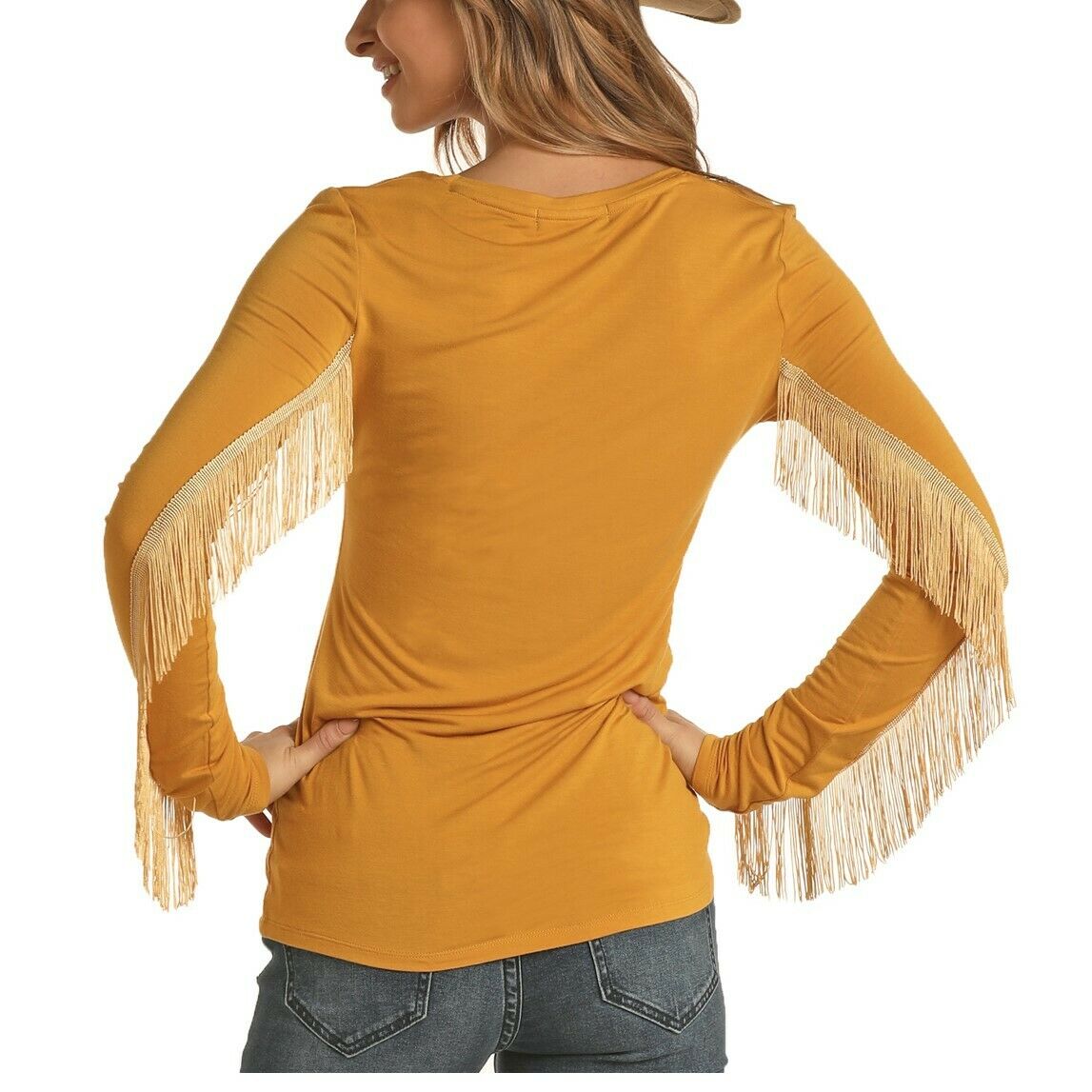 Rock & Roll Cowgirl Mustard Long Sleeve Fringe Shirts 48T6282