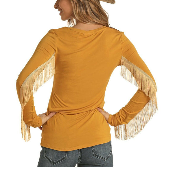 Rock & Roll Cowgirl Mustard Long Sleeve Fringe Shirts 48T6282