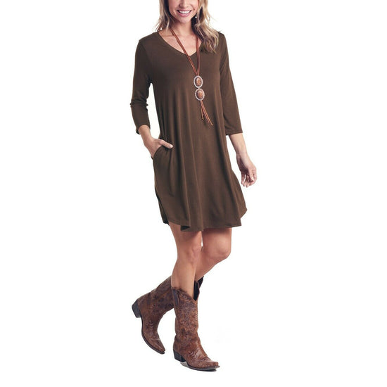 Load image into Gallery viewer, Panhandle Ladies Brown 3/4 Sleeve V-Neck Dress L9D6470-24
