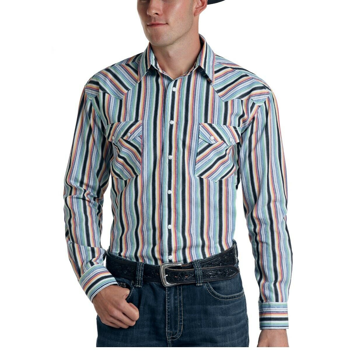 Panhandle Men's Black Rockland Classic Stripe Print Shirt R0S6398
