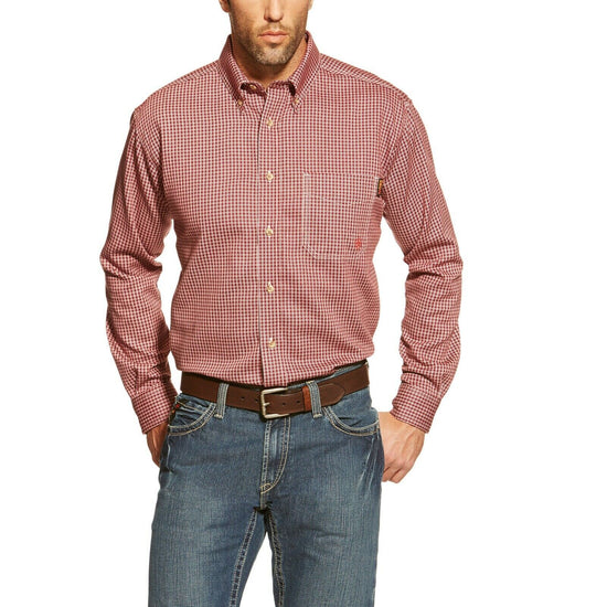 Ariat® Men's FR Bell Wine Red Checks Button Front Work Shirt 10015945
