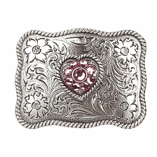 Nocona Girl's Silver Rectangular & Pink Crystal Heart Belt Buckle 37588