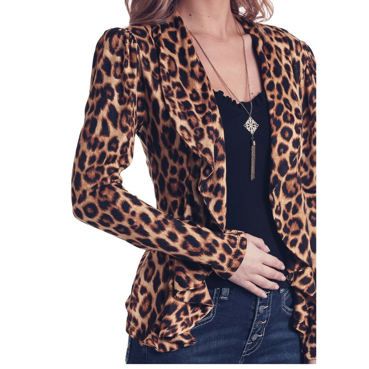 Panhandle Ladies Leopard Print Knit Ruffle Blazer J8-6835