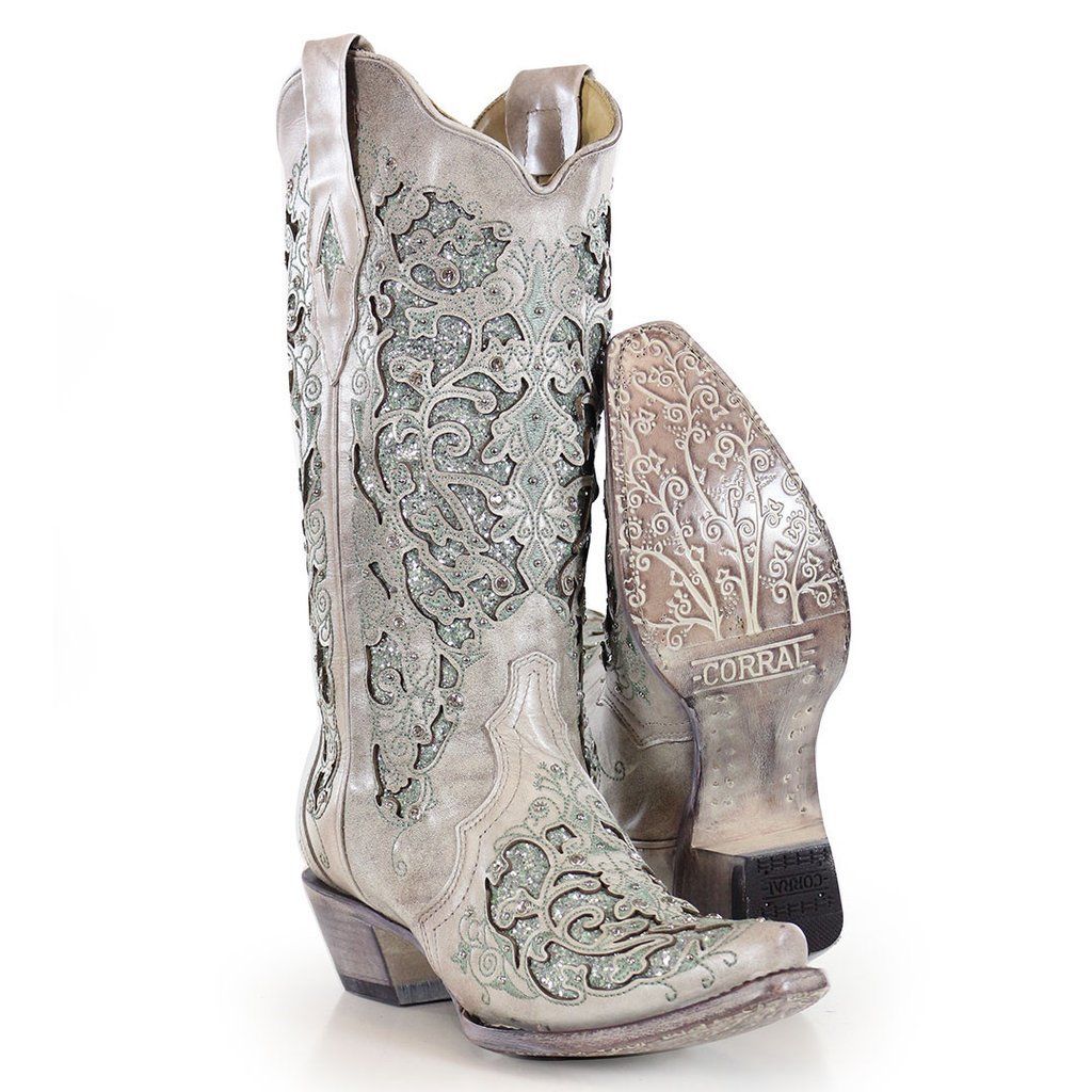 Corral Ladies White/Green Glitter Inlay/Crystals Wedding Boot A3321 - Wild West Boot Store
