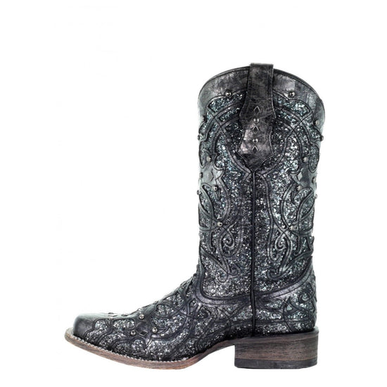 Corral Ladies Black Grey Glitter Inlay & Studs Square Toe Boots C3404