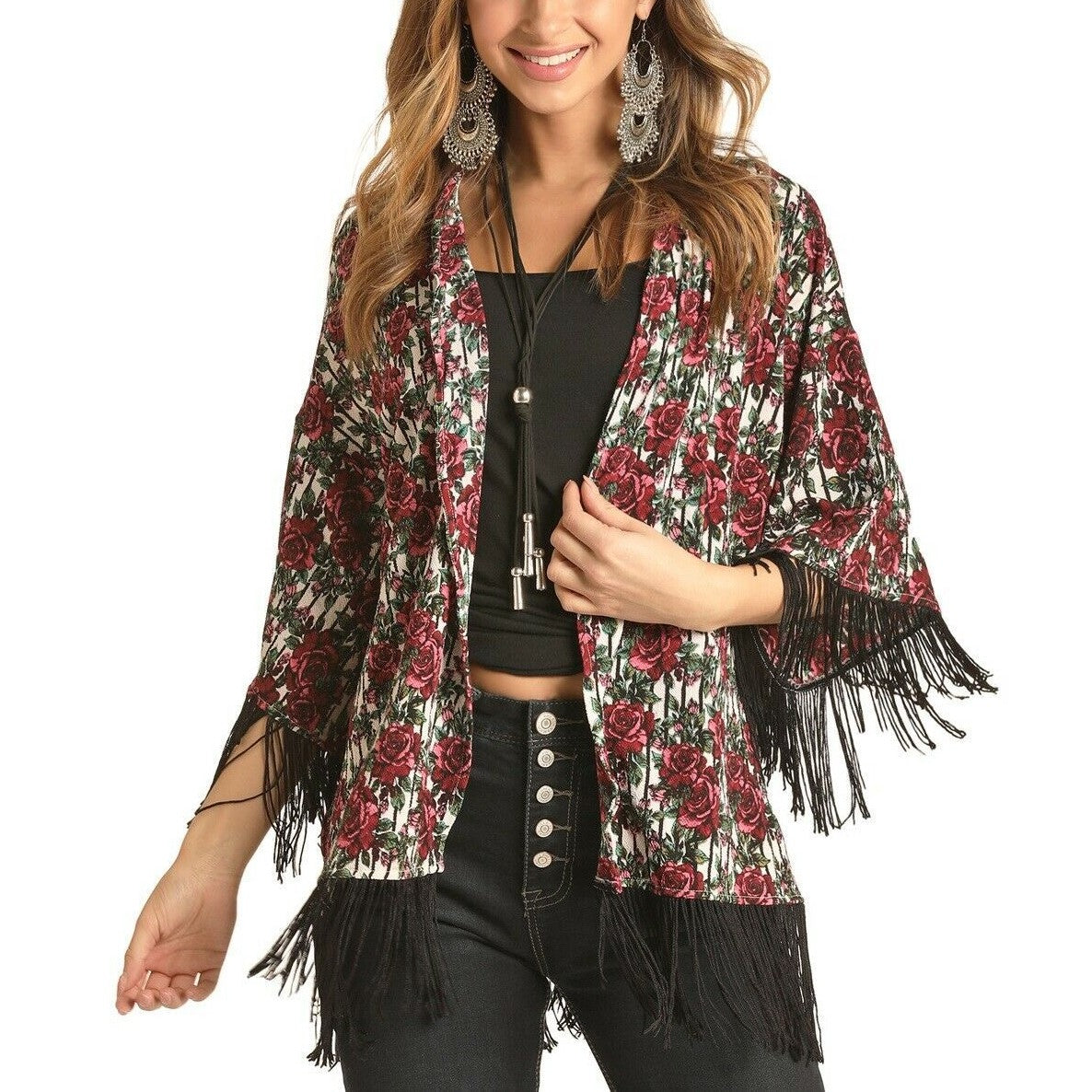 Load image into Gallery viewer, Rock &amp;amp; Roll Cowgirl Ladies Rose and Stripe Kimono B4K4512
