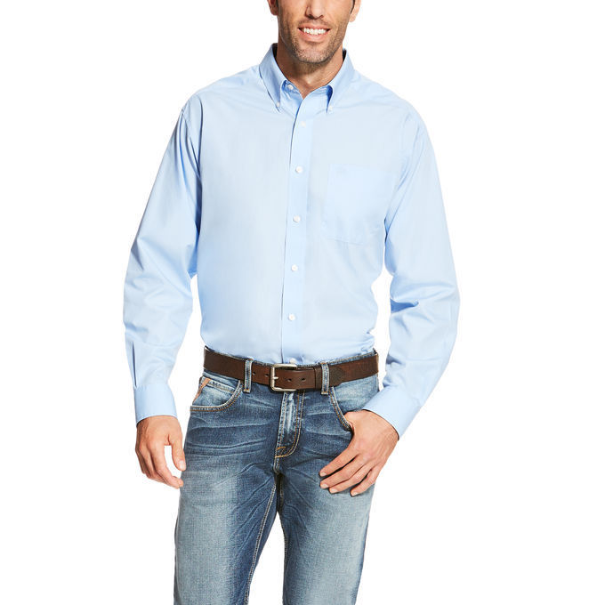 Load image into Gallery viewer, Ariat® Men&amp;#39;s Wrinkle Free Light Blue Long Sleeve Button Shirt 10020329
