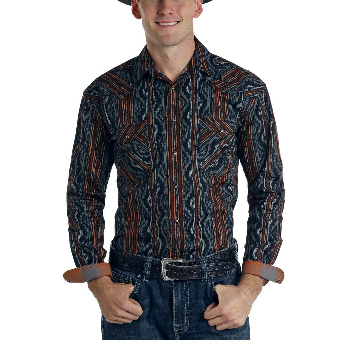 Panhandle Men's Black Caseros Aztec Print Long Sleeve Shirt R0S6912