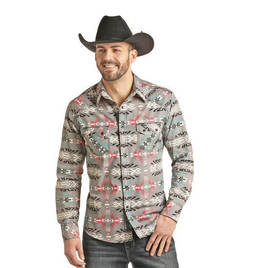 Rock & Roll Cowboy Men's Long Sleeve Grey Aztec Snap Shirt B2S2315