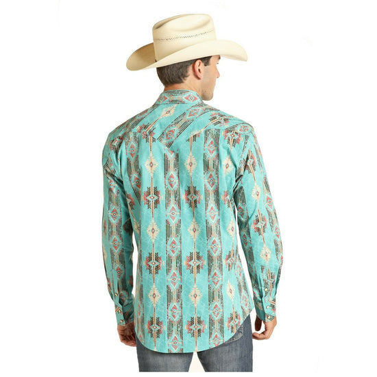 Panhandle Men's Blue Long Sleeve Distressed Aztec Poplin Shirt B2S4068