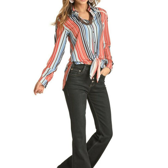 Rock & Roll Cowgirl All Over Stripe Print Long Sleeve Shirt B4B4507