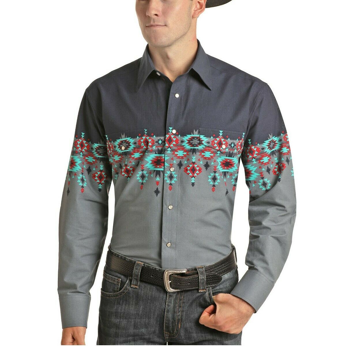 Panhandle Select Men's Grey Aztec Border Long Sleeve Shirt 30S6087