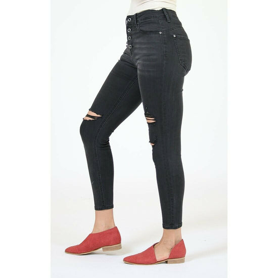 Grace in L.A. Ladies Button Fly Easy-Rise Black Skinny Jeans HNW-9366