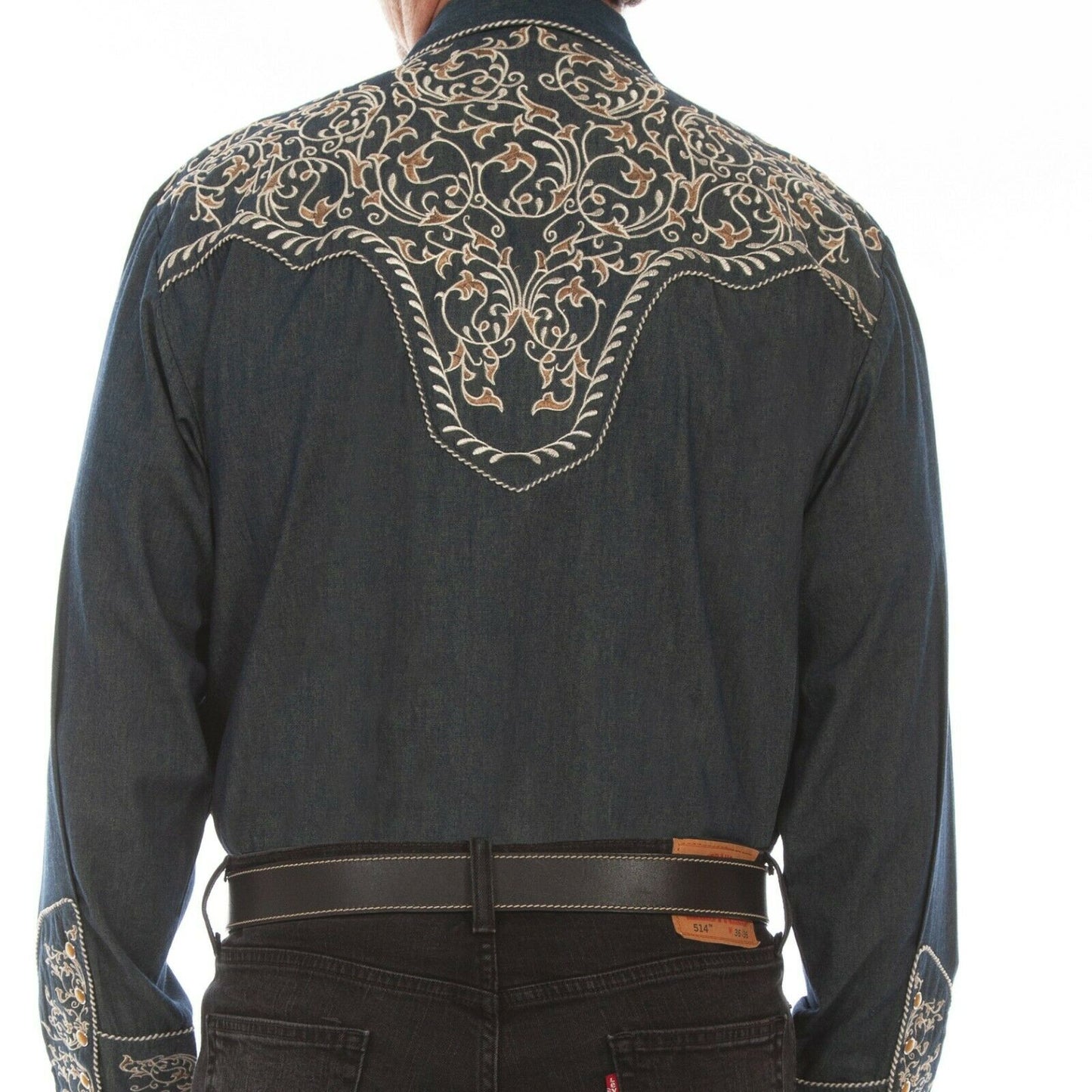 Scully Men's Denim Vine Embroidered Western Button-Up Shirt P-907-DEN