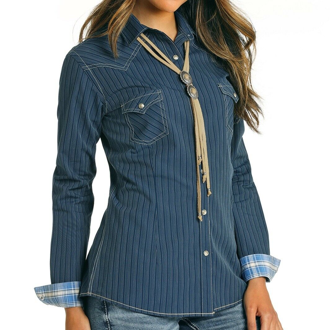 Panhandle Ladies Blue Tillary Dobby Striped Button Down Shirt R4S4024