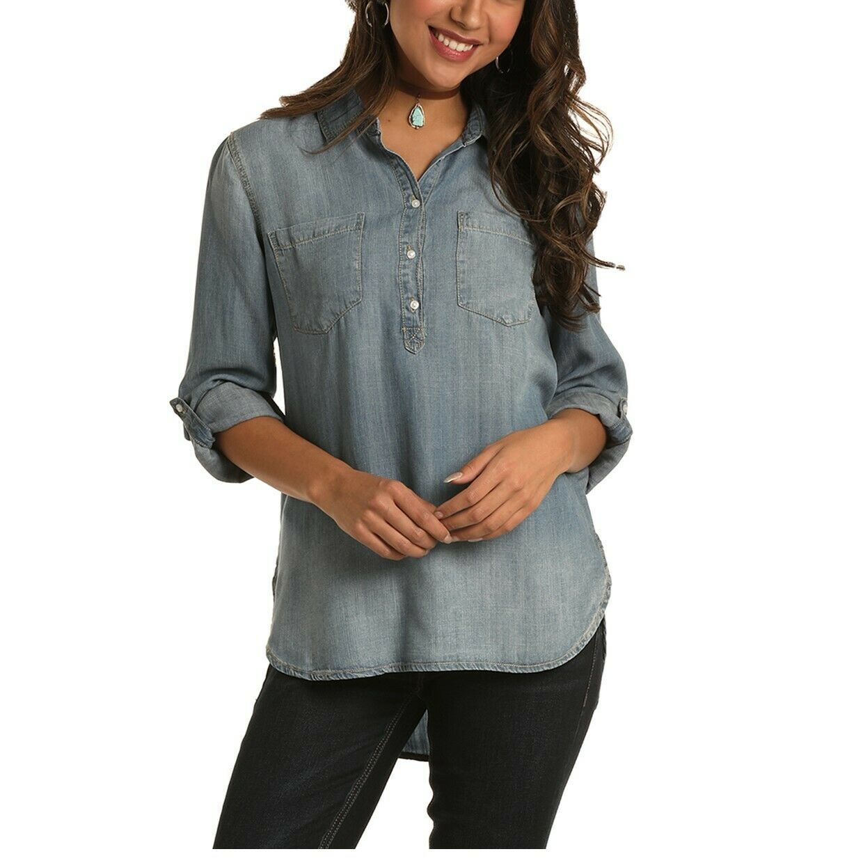 Load image into Gallery viewer, Rock &amp;amp; Roll Cowgirl Ladies Blue Button up Tunic Shirt B4B5759-45
