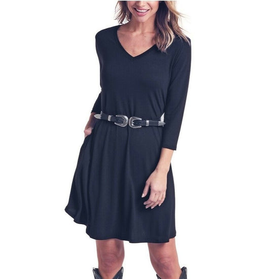 Panhandle Ladies Black 3/4 Sleeve V-Neck Dress L9D6459-01