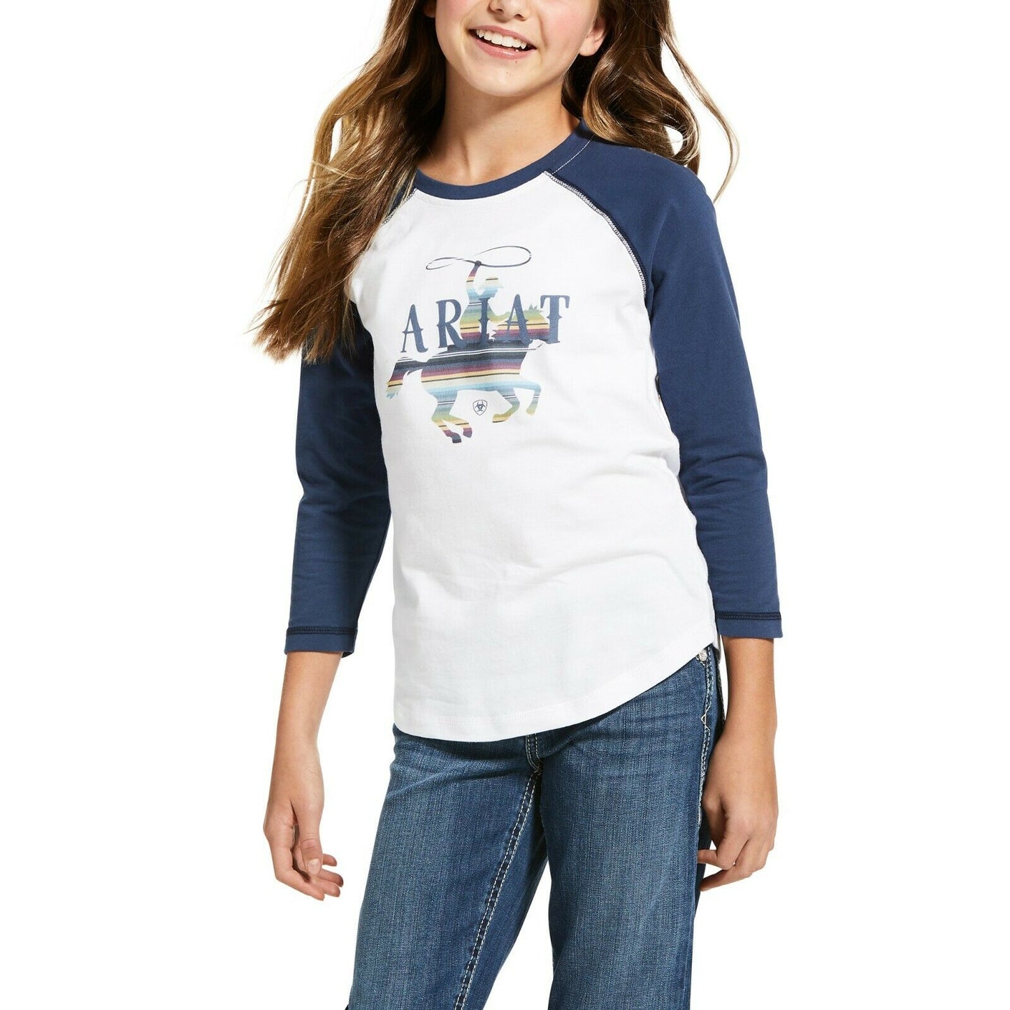 Load image into Gallery viewer, Ariat® Girls R.E.A.L™ White &amp;amp; Blue Serape Rider T-Shirt 10032871
