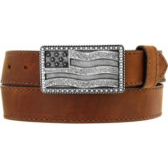 Load image into Gallery viewer, Justin Men&amp;#39;s Brown Flying High Leather Belt with Flag Buckle C12685
